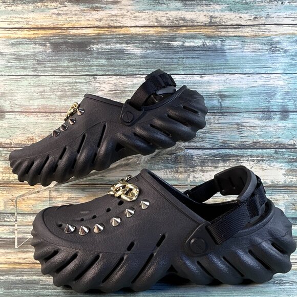 Crocs Echo Platform Clogs Shoes Womens Size 8 Black Slip On Studs Chain Jibbitz - Picture 4 of 11